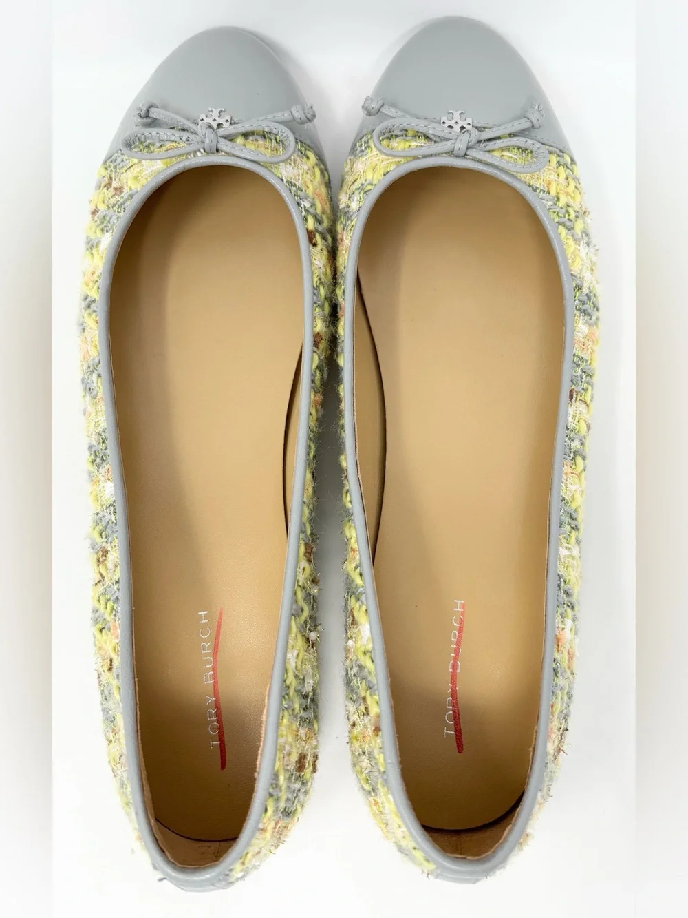 Tory Burch Tweed Ballet Flats Gray Yellow Leather Cap Toe Bow Size 9.5